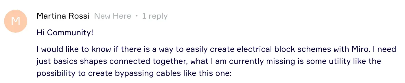 Hi Community! I would like to know if there is a way to easily create electrical block schemes with Miro. I need just basics shapes connected together, what I am currently missing is some utility like the possibility to create bypassing cables like this one