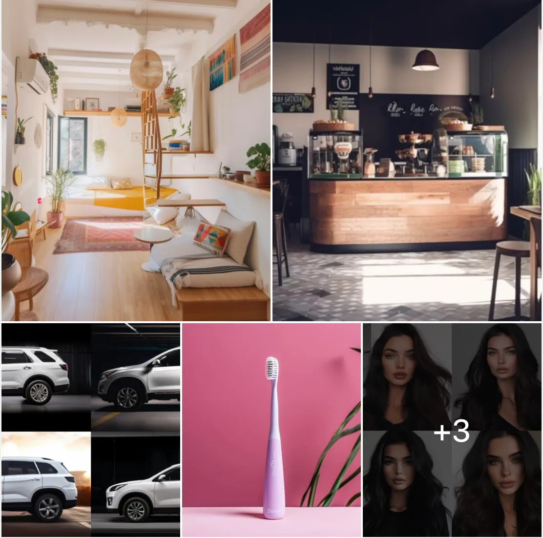 AI-generated images of interiors, female faces, cosmetics advertising and SUVs