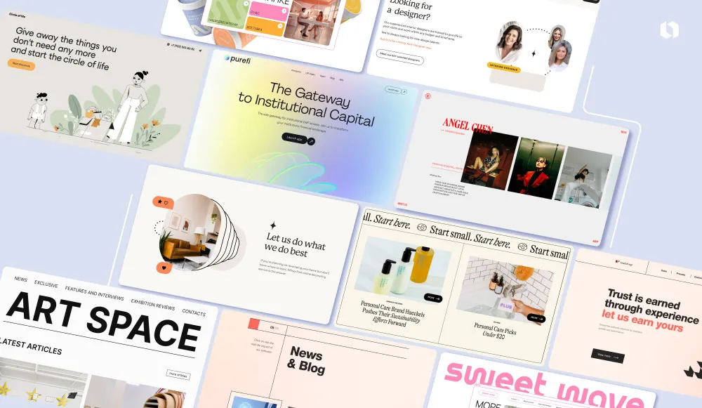 Website screenshots illustrating modern web design trends